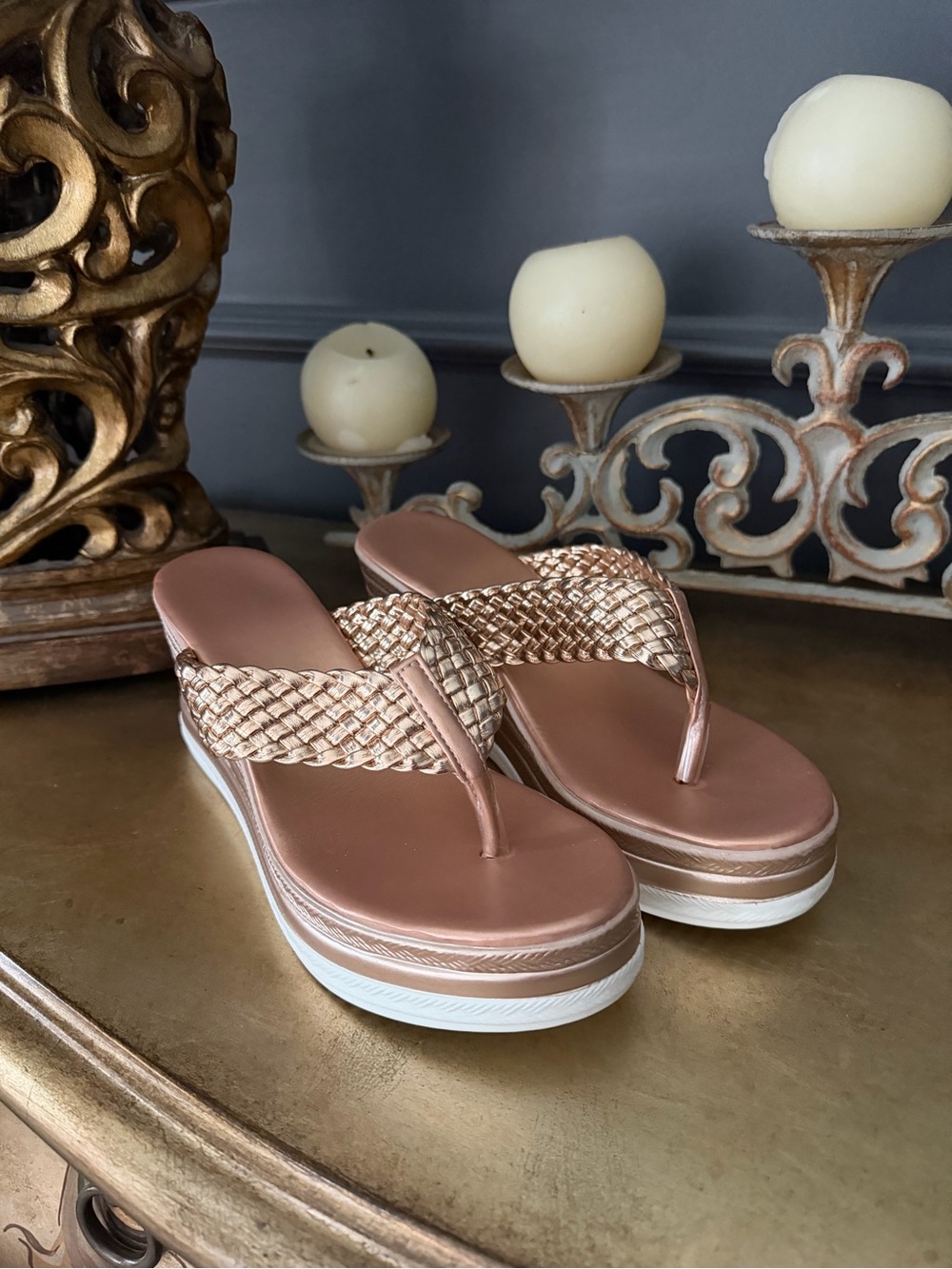 Metallic Rose Gold Platform Thong Sandals - Women